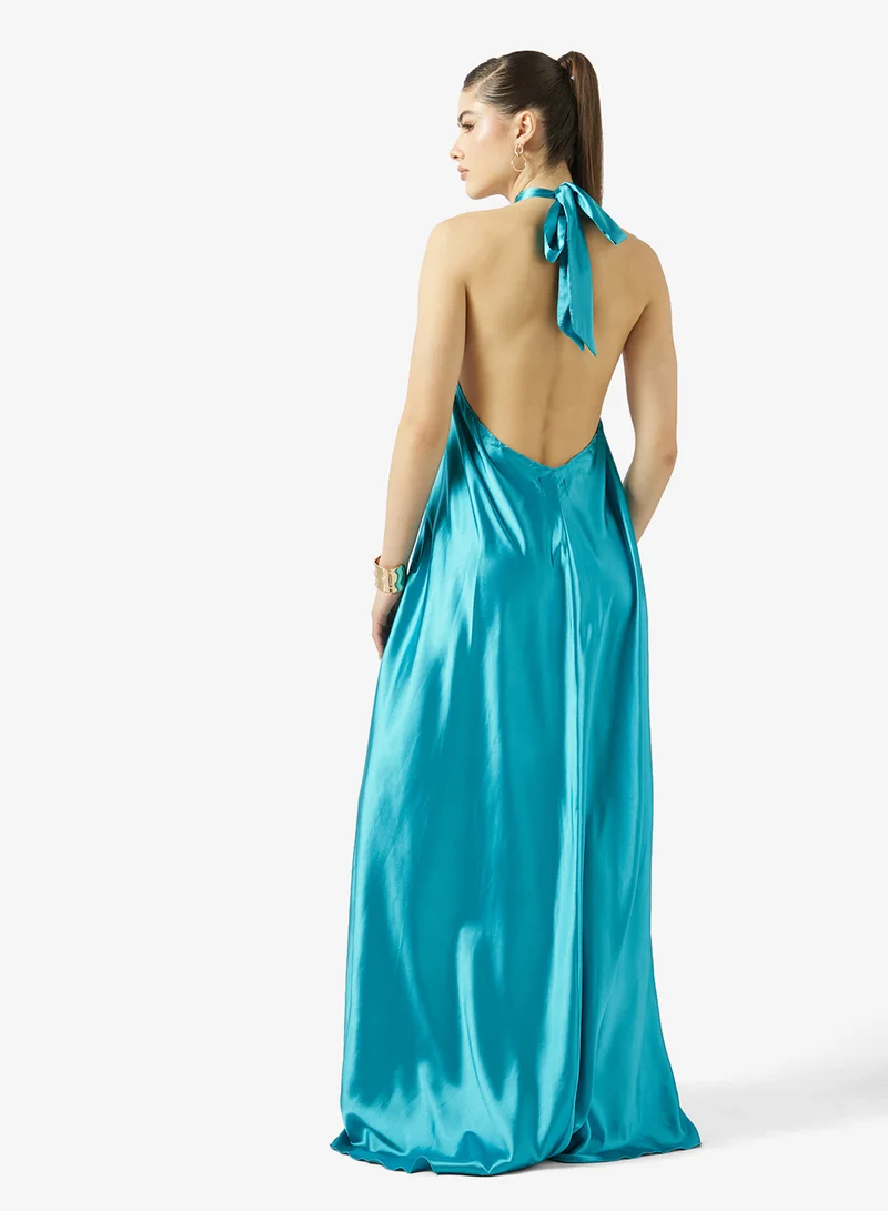 Ginger Halter Neck Metallic Plisse Dress